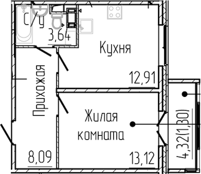 1-комнатная квартира 39.06 м², 2/8 эт., ЖК «SERTOLOVO PARK»